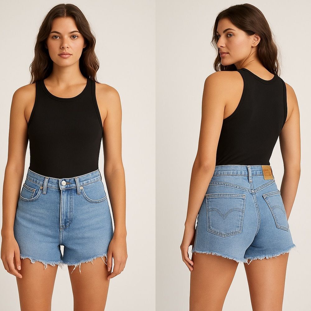 Levi’s High Rise Jean Shorts Size 30 Light Wash Stretchy Distressed Raw Hem 2.5”
